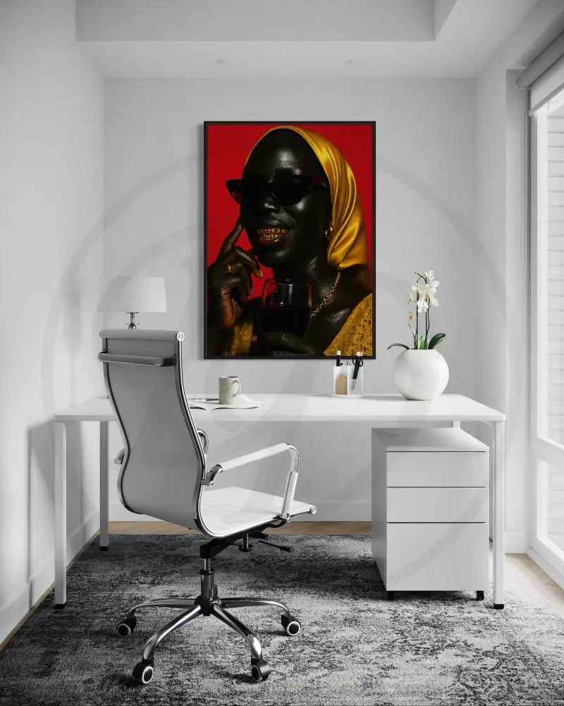 Afrocentric printable portrait with wine glass and gold jewelry.