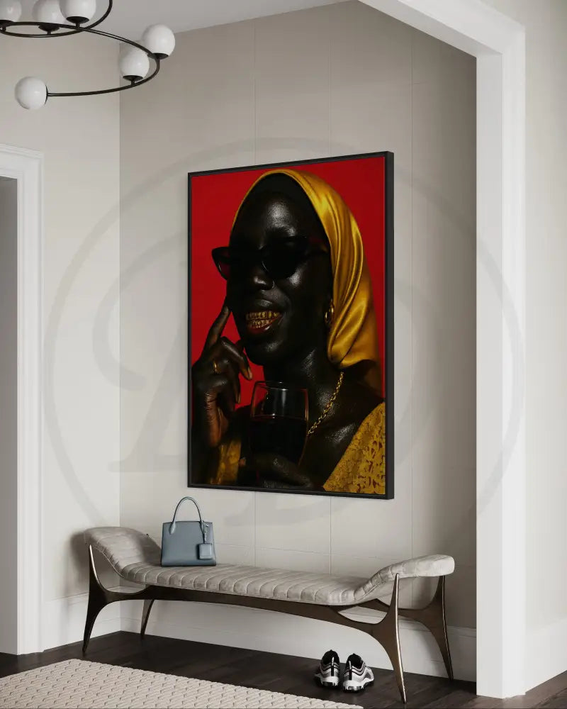 Afrocentric editorial wall décor with golden hijab and wine.