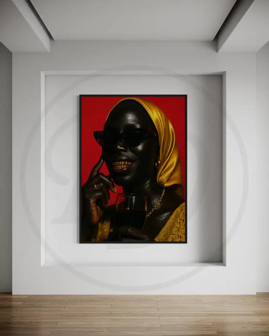 Afrocentric wall art of Black woman in golden hijab with wine glass.