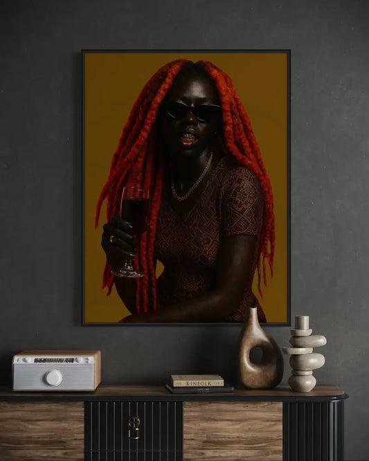 Afrocentric wall art of Black woman with red locs and wine glass.