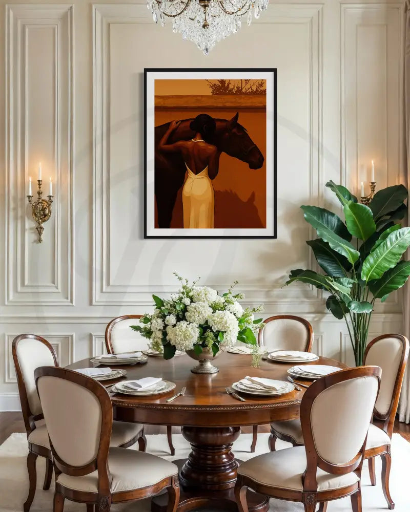 Afrocentric digital wall art of Black woman in gown embracing a horse.