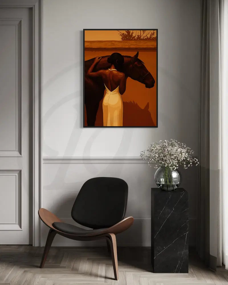 Printable woman and horse artwork with minimalist sunset tones.