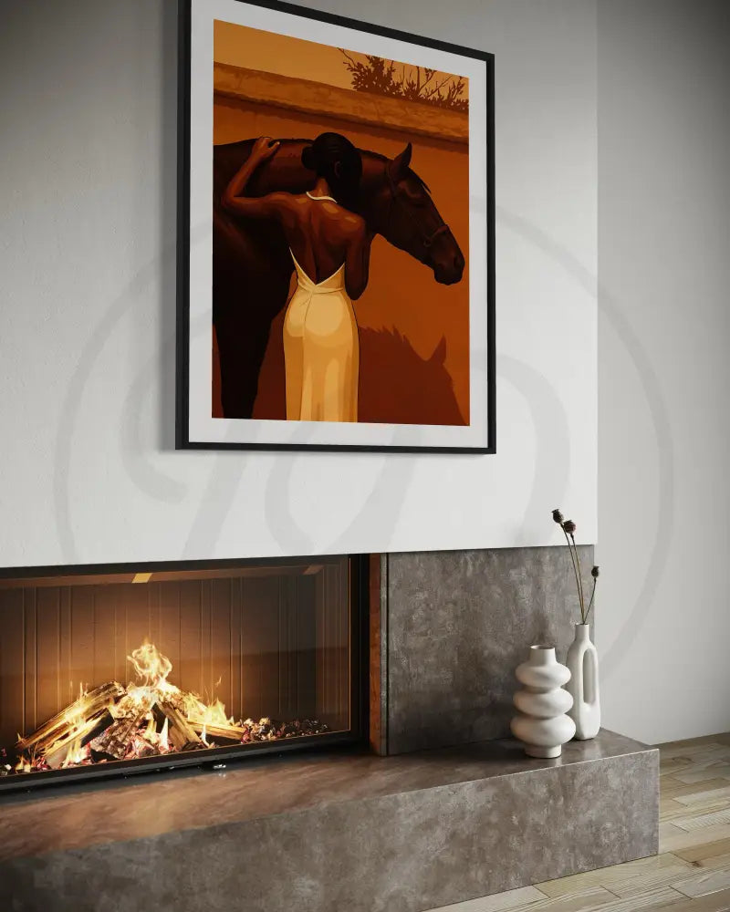 Afrocentric minimalist woman & horse portrait perfect for bedrooms and galleries.