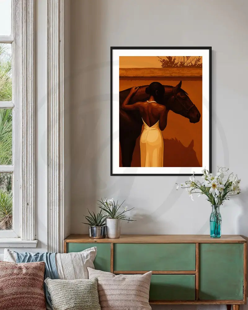 Black woman art print with graceful pose and warm color palette.
