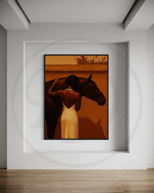 Serene Afrocentric woman & horse digital art for calming home décor.