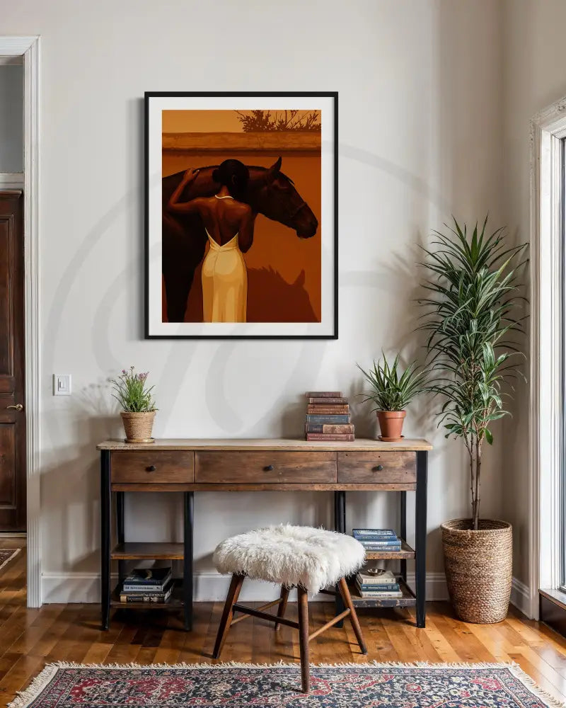 Elegant Afrocentric woman & horse artwork for premium, tranquil interiors.