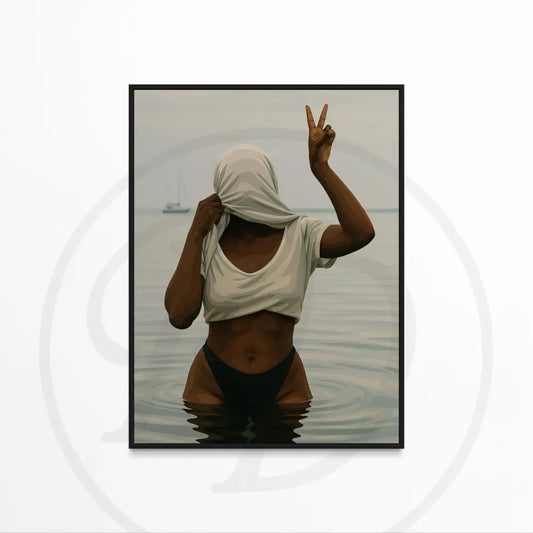 Afrocentric wall art of playful Black woman in water