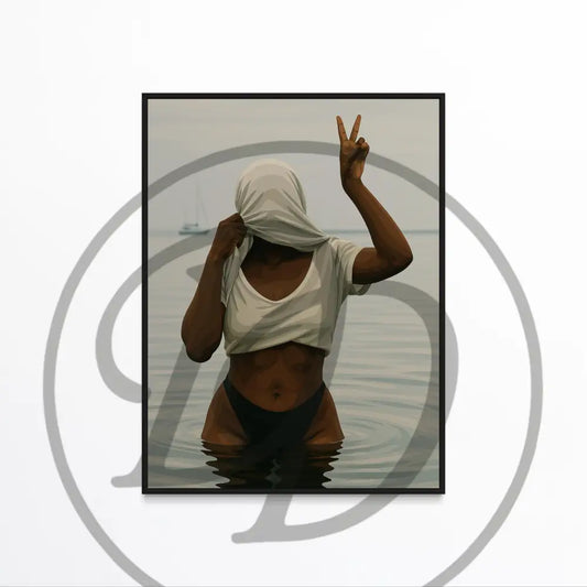Afrocentric wall art of playful Black woman in water