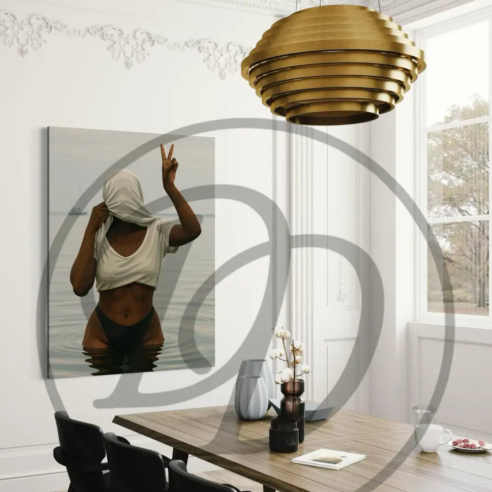 Digital wall art showing Black woman with peace sign

