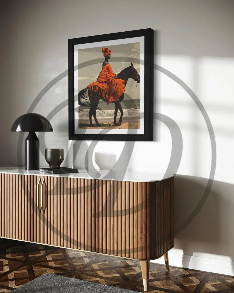 Bold Afrocentric beach horseback art for statement walls.