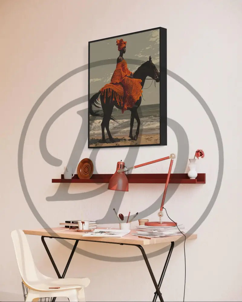 Cultural and soulful Black woman horseback scene digital art.