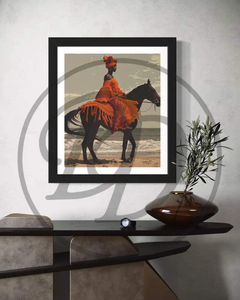 Afrocentric digital wall art of a Black woman on horseback at the beach.