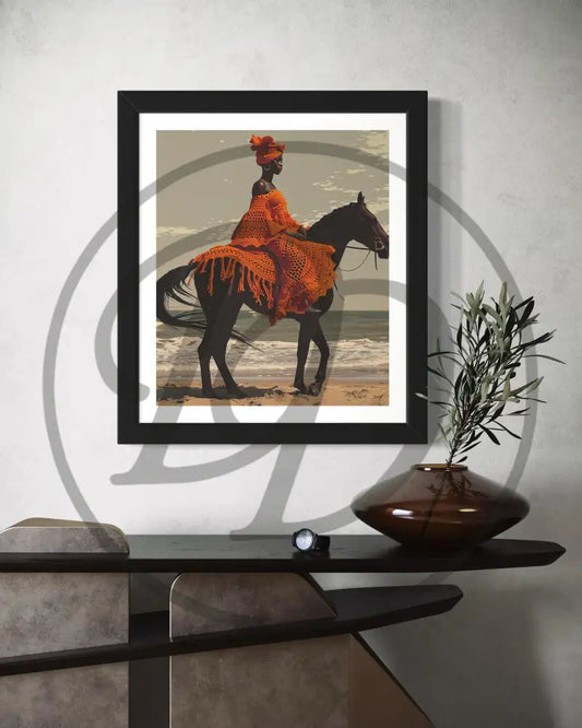 Afrocentric digital wall art of a Black woman on horseback at the beach.