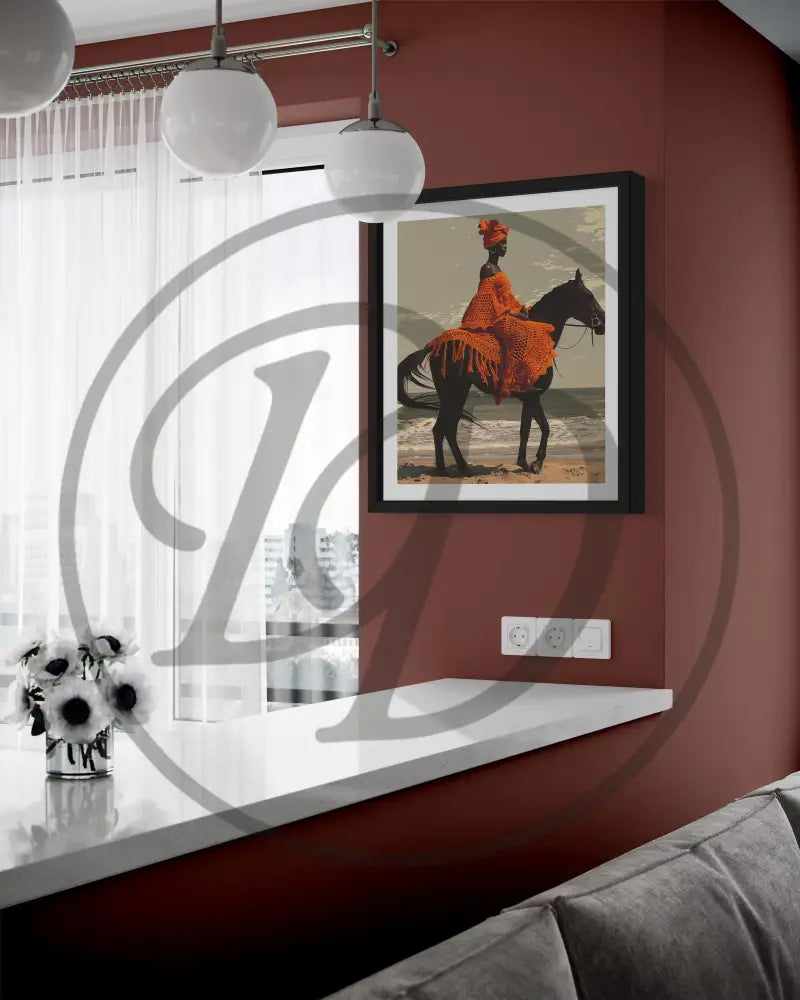 Afrocentric woman riding horse artwork with minimalist tones.
