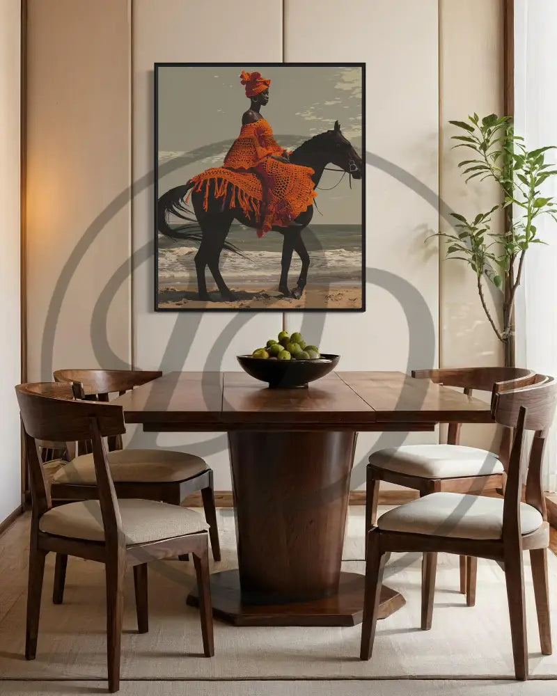 Printable artwork featuring Afro woman in orange crochet riding a horse.
