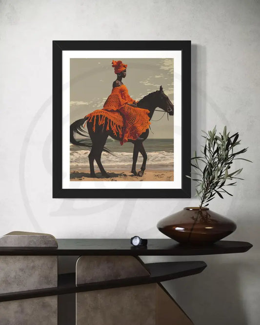 Afrocentric digital wall art of a Black woman on horseback at the beach.