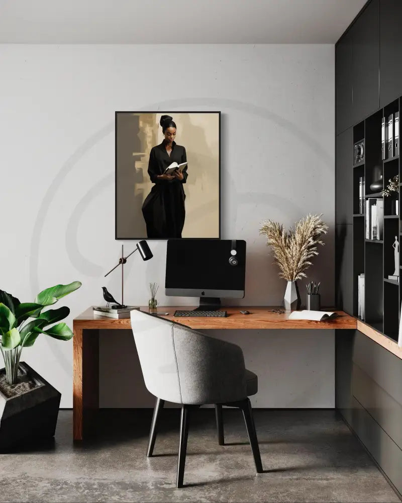 Afrocentric cultural portrait of woman reading print.