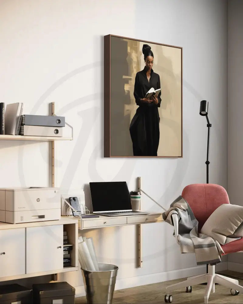 Black woman in black dress reading modern digital art.