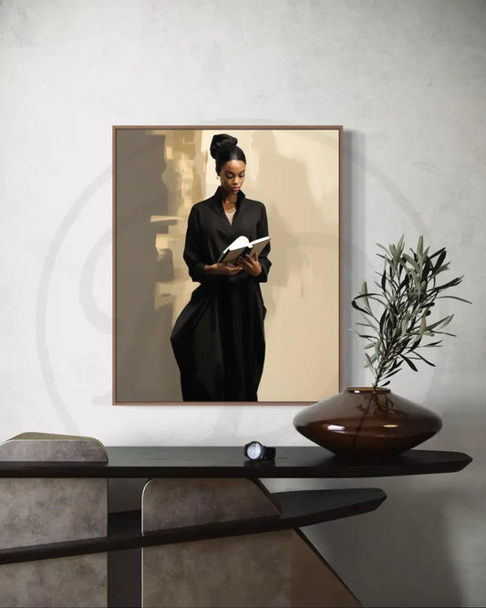 Afrocentric portrait wall art of Black woman reading a book.
