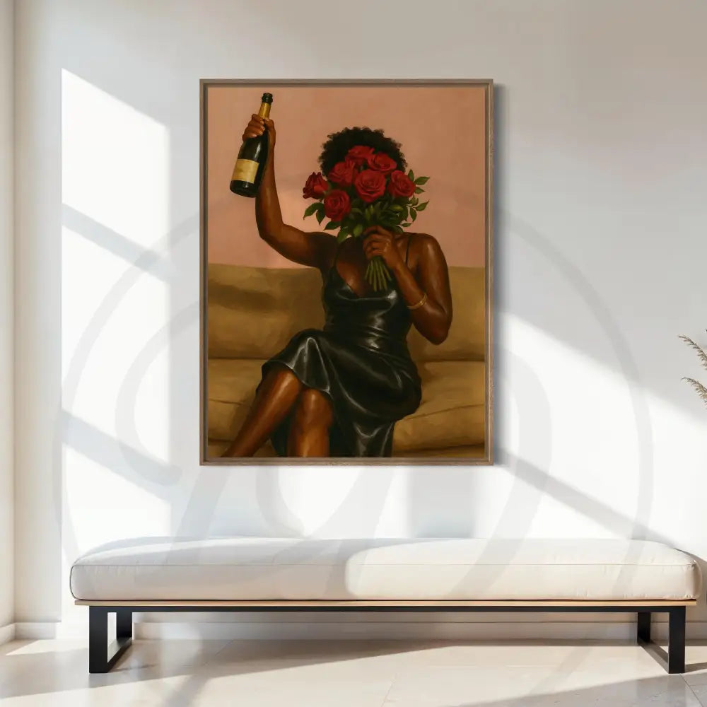 Digital art print of Black woman celebrating with champagne