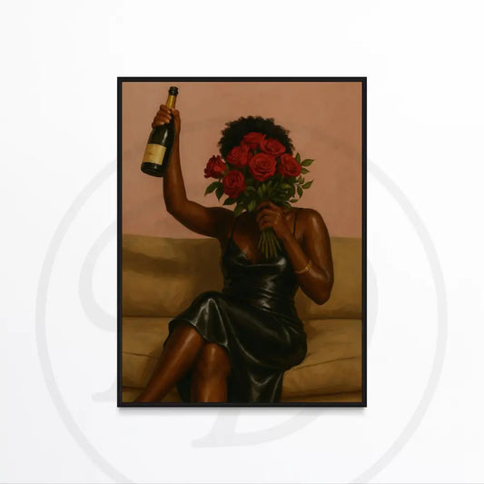 Afrocentric digital art of woman holding roses and champagne