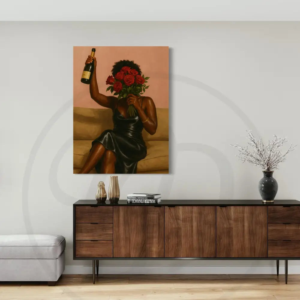 Elegant Black woman art print with bouquet and bottle