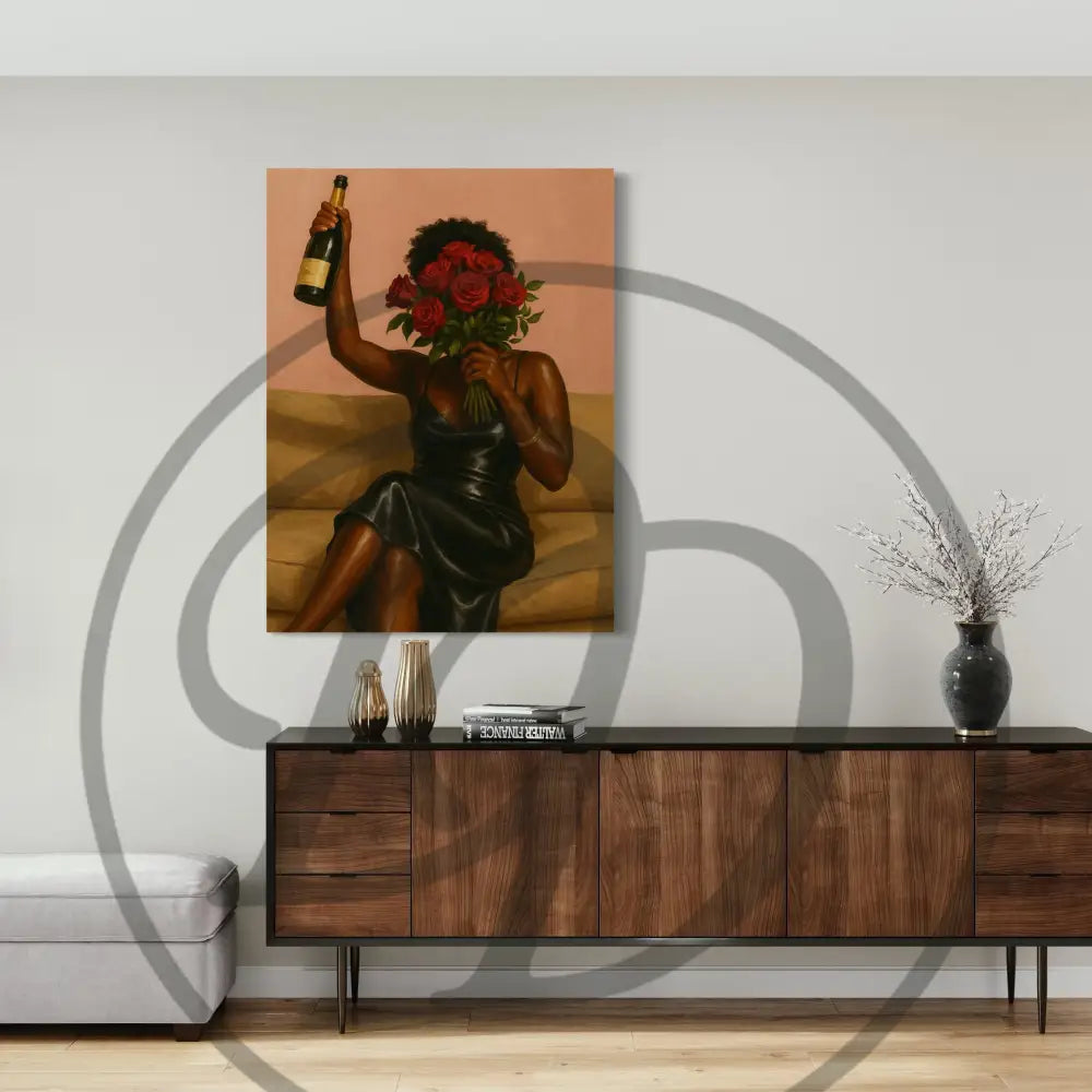Elegant Black woman art print with bouquet and bottle