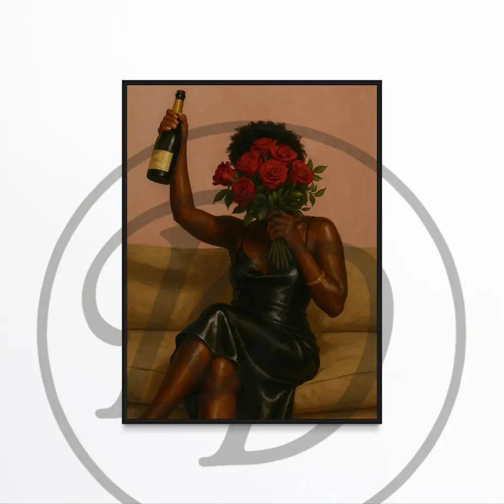 Afrocentric digital art of woman holding roses and champagne