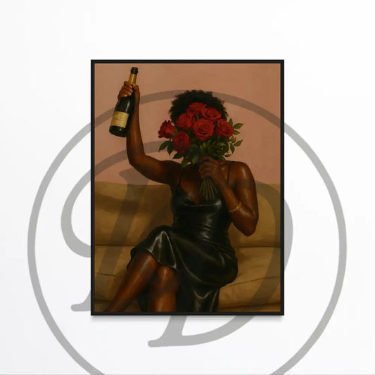 Afrocentric digital art of woman holding roses and champagne