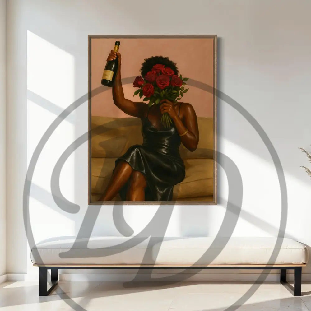 Digital art print of Black woman celebrating with champagne