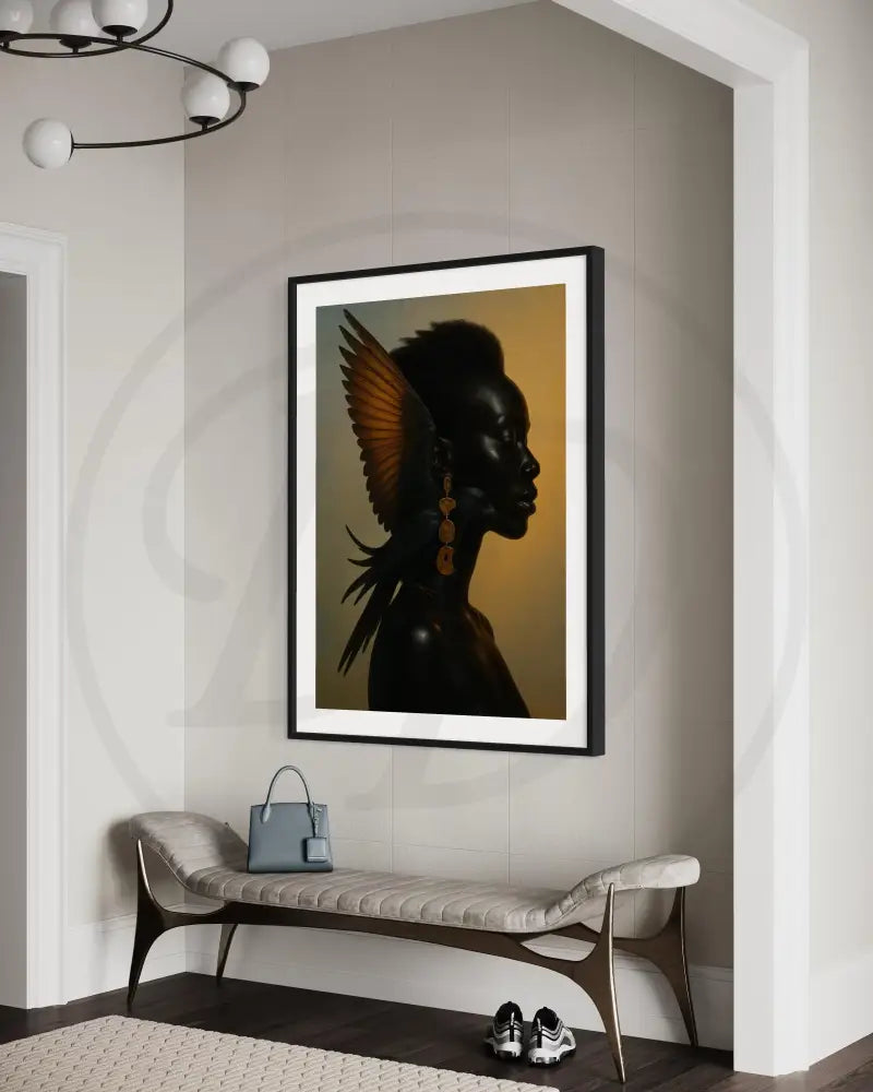 Black woman with raven and gold wing wall print.
