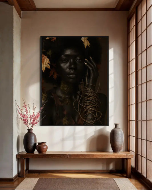 Black woman portrait with autumn leaves in hair