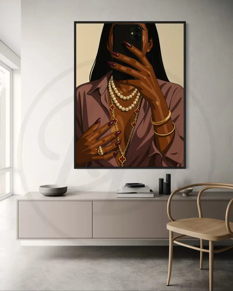 Afro glam art featuring pearls, gold chains, and confident poses
