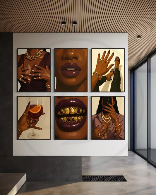 Afrocentric wall art set with bold Black girl luxury aesthetic