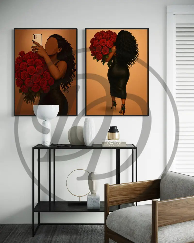 Stylish and romantic digital wall art set faceless illustration.