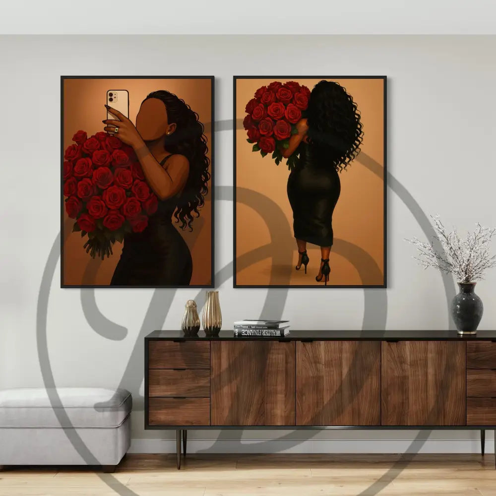 Faceless Black woman with roses wall art 2-piece set digital download.