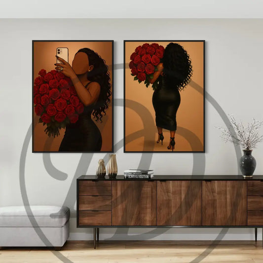 Faceless Black woman with roses wall art 2-piece set digital download.