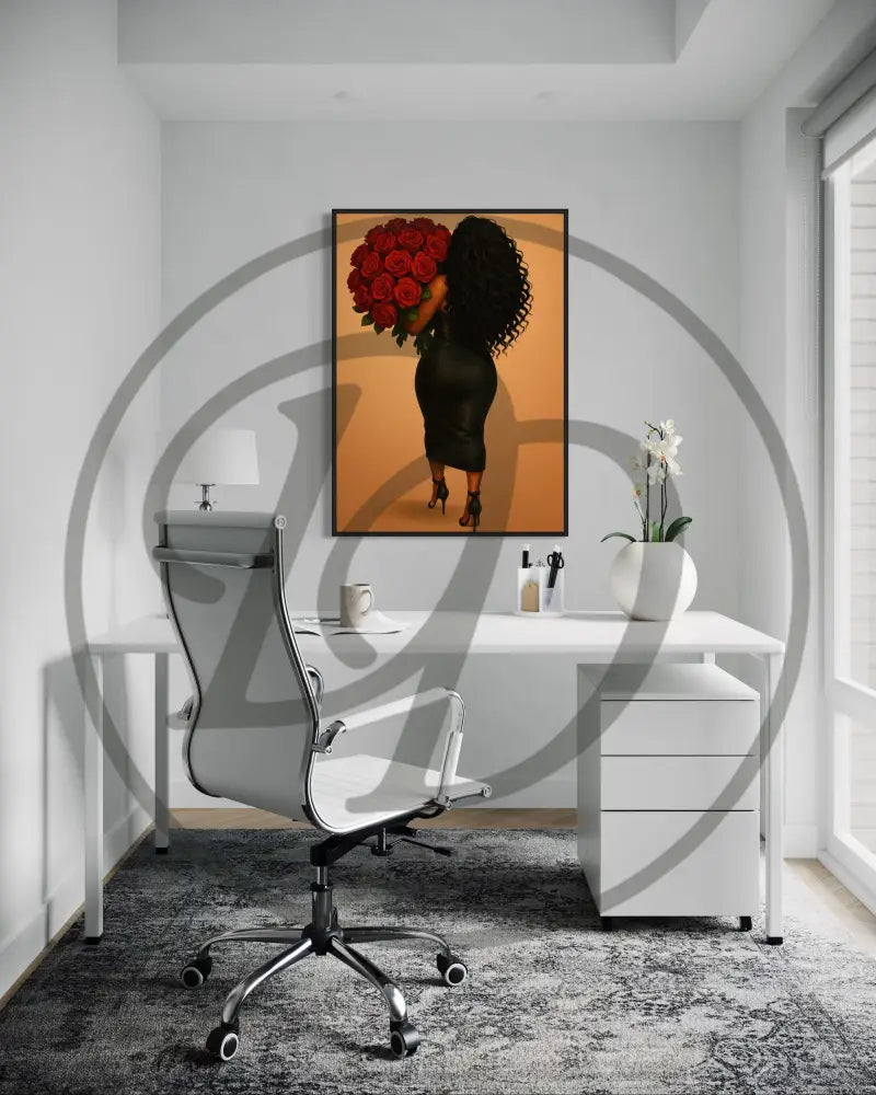 Black girl holding red roses wall art poster set digital file.