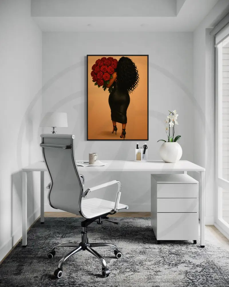 Black girl holding red roses wall art poster set digital file.