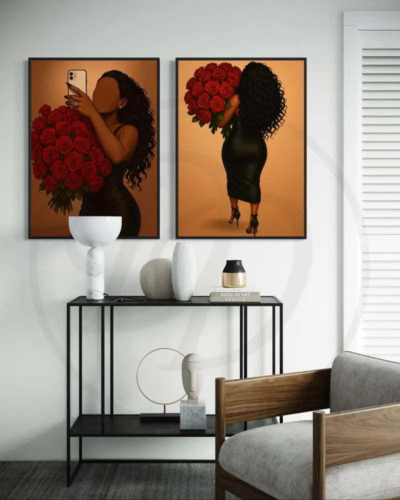 Stylish and romantic digital wall art set faceless illustration.