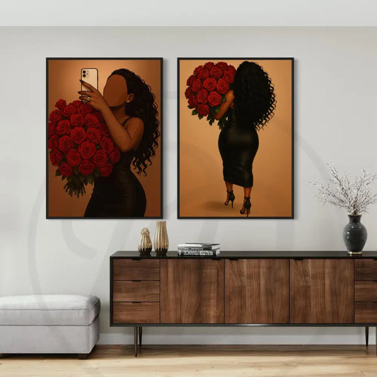 Faceless Black woman with roses wall art 2-piece set digital download.