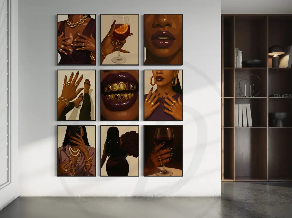 Afrocentric digital wall art gallery with glam nails and gold