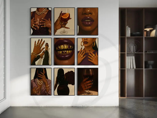 Afrocentric digital wall art gallery with glam nails and gold