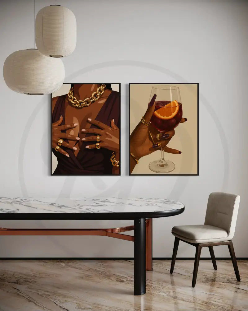Luxury 9-piece wall decor with wine glasses and gold grillz
