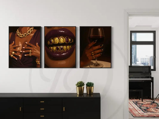 Printable art set of Black women with rings, lips, and wine