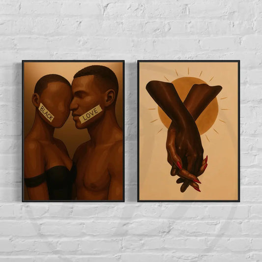 Afrocentric Black love wall art set with couple and holding hands prints.