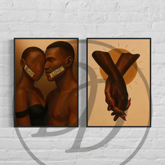 Afrocentric Black love wall art set with couple and holding hands prints.