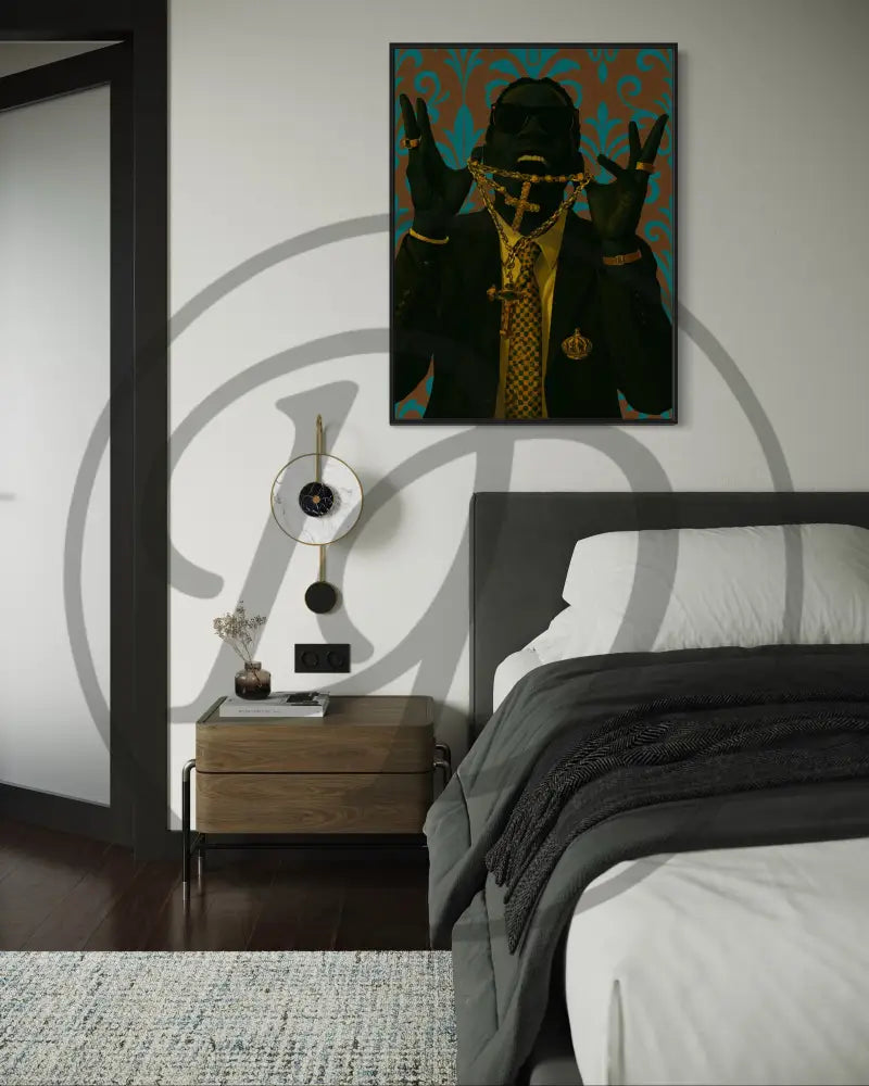 Digital artwork with gold cross chain on dark silhouette.