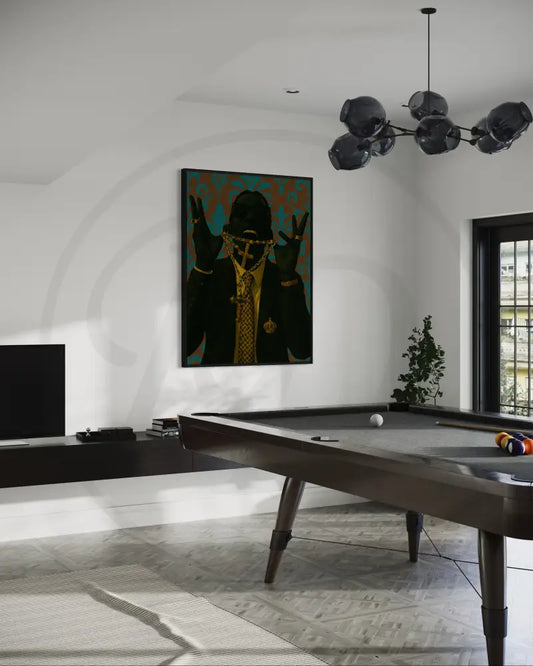 Afrocentric print of stylish man with cross chain and suit.