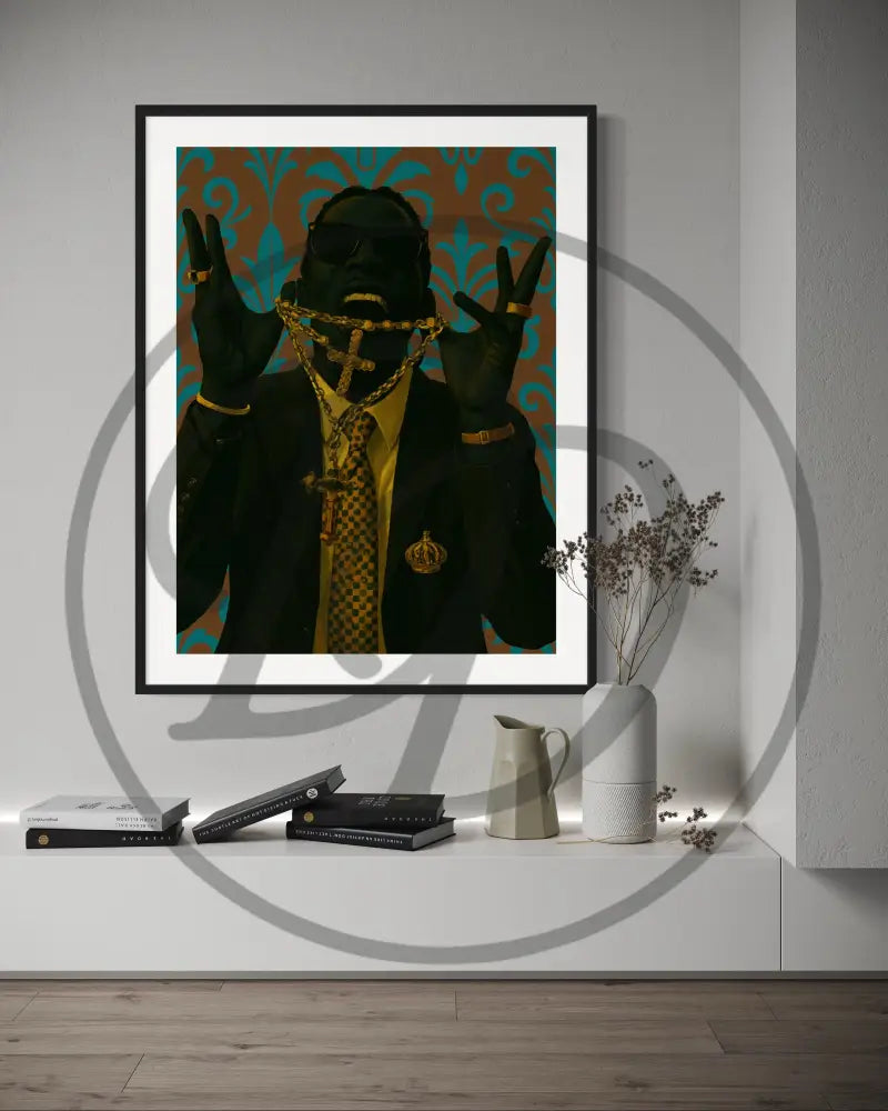 Black masculine energy print with layered gold and urban aesthetic.